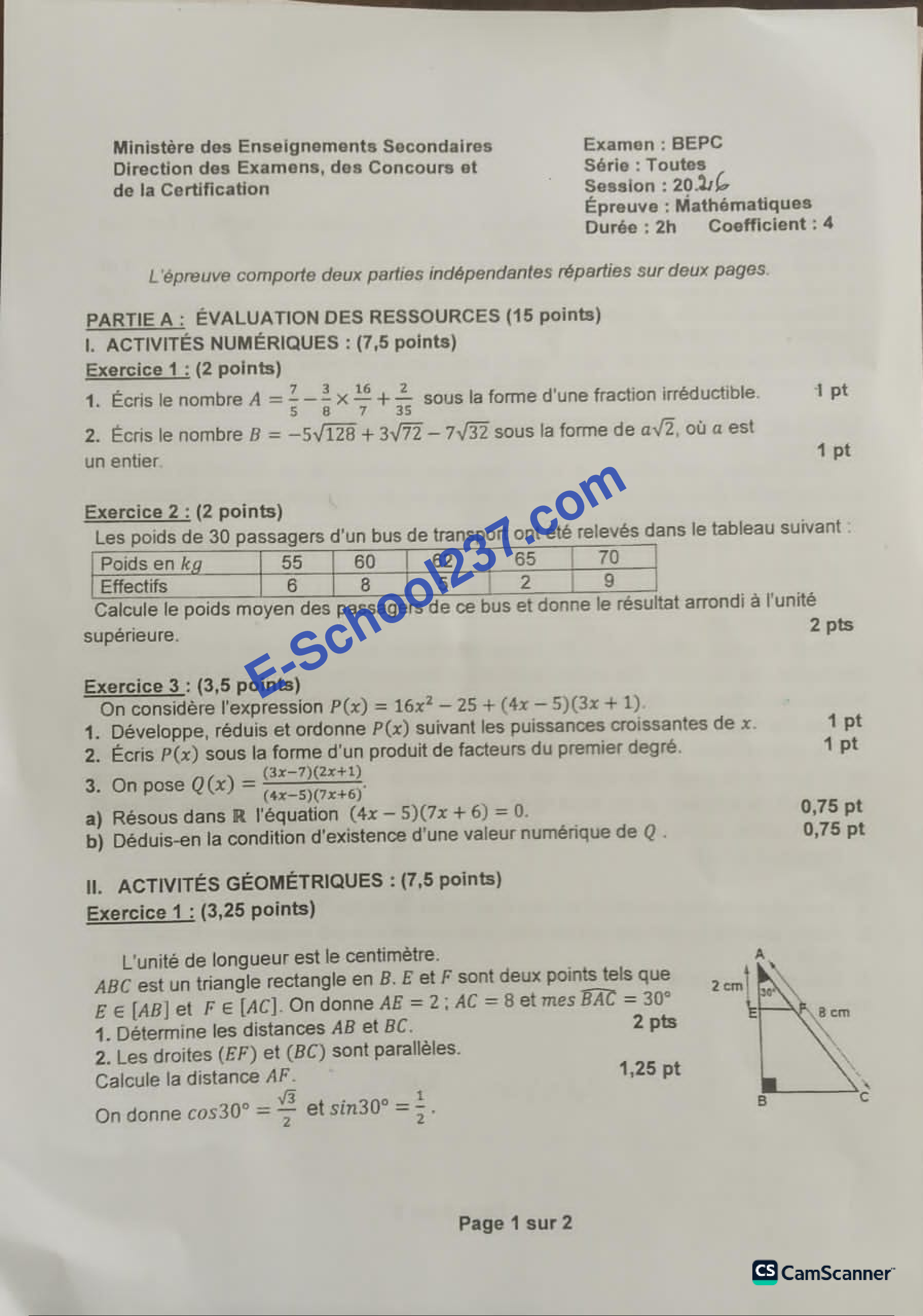 Maths BEPC 2026